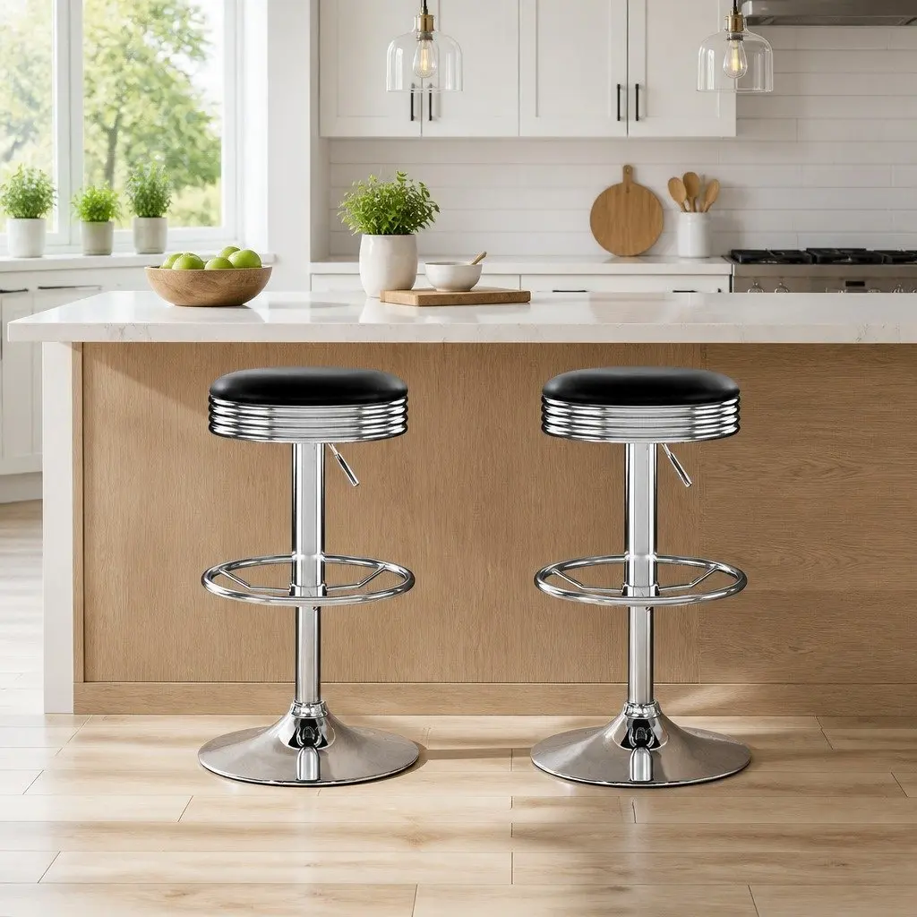 Bar Stools Backless Swivel 2 Piece Black PU Leather Chrome Base