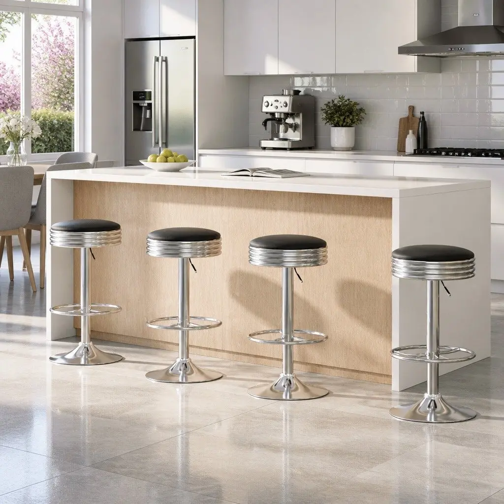 Bar Stools Padded Swivel Adjustable Gas Lift Chrome Base Black 4 Piece