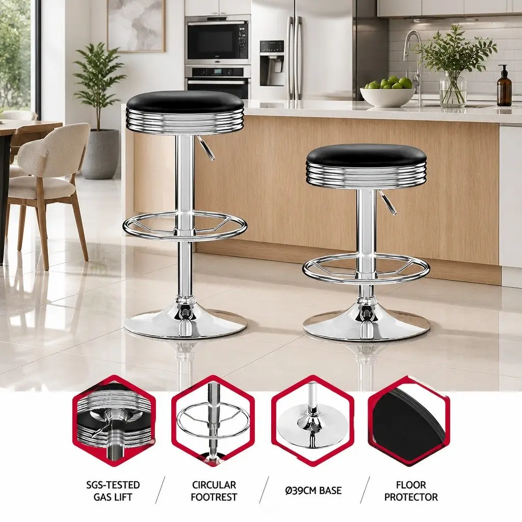 Bar Stools Padded Swivel Adjustable Gas Lift Chrome Base Black 4 Piece