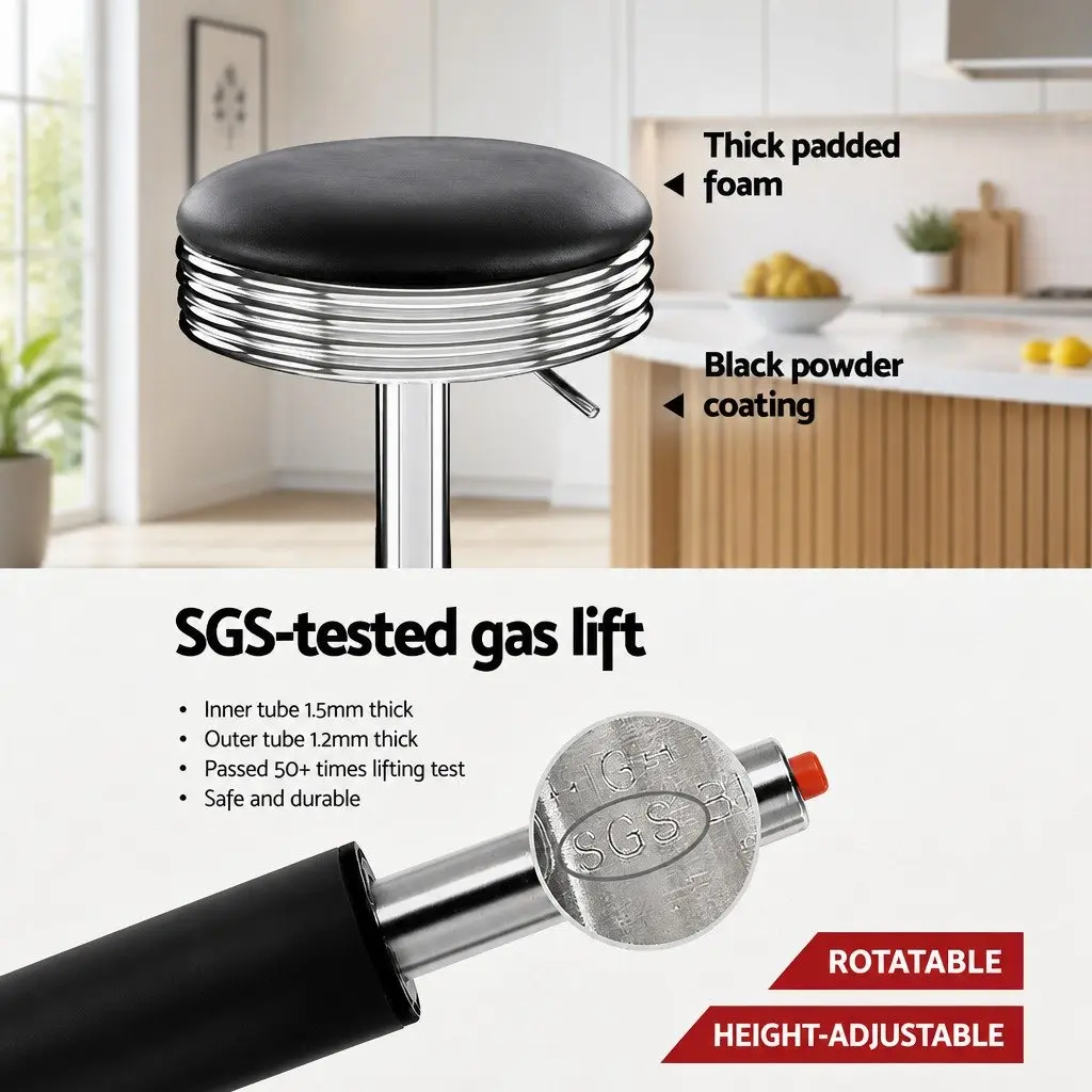Bar Stools Padded Swivel Adjustable Gas Lift Chrome Base Black 4 Piece