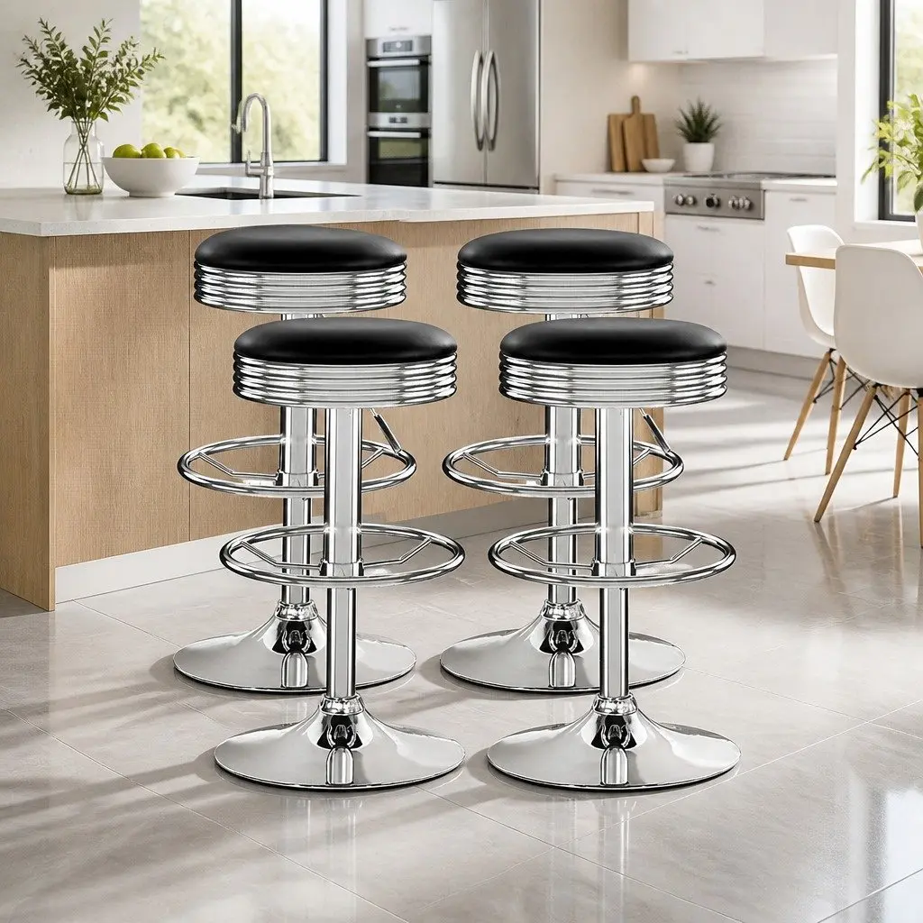 Bar Stools Padded Swivel Adjustable Gas Lift Chrome Base Black 4 Piece