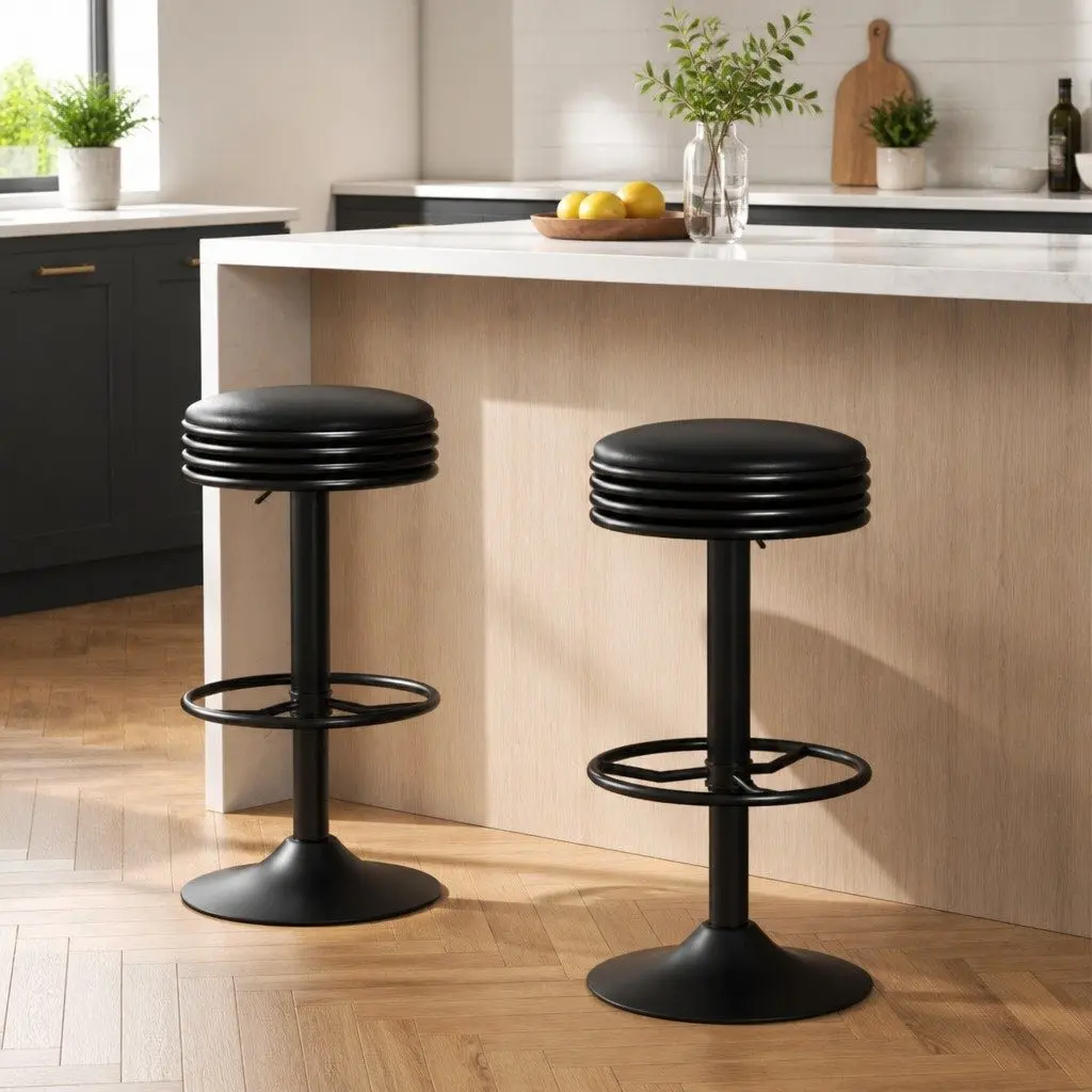 Bar Stools Swivel Gas Lift Chrome Base Black PU Leather Padded Seat 2 Piece