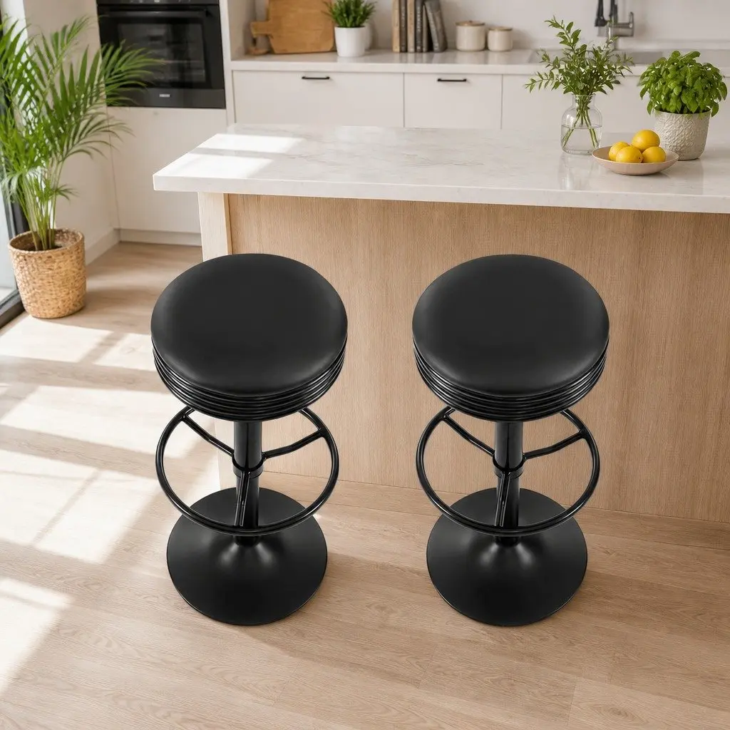 Bar Stools Swivel Gas Lift Chrome Base Black PU Leather Padded Seat 2 Piece