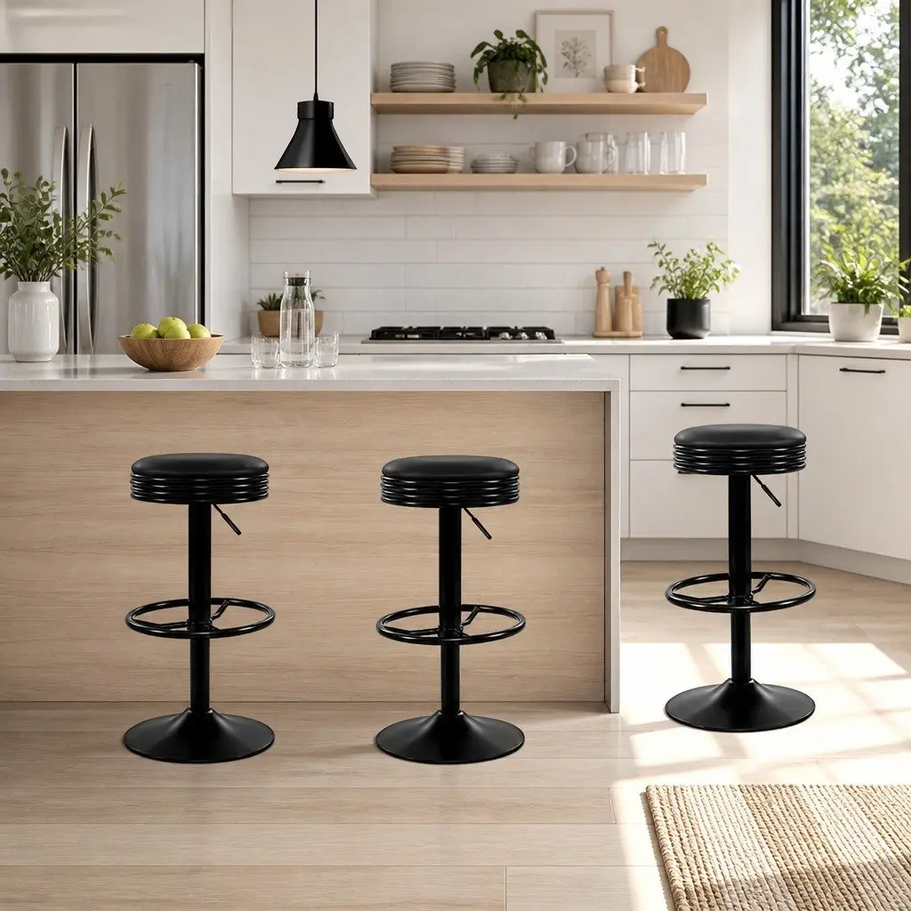 Bar Stools Swivel Gas Lift Chrome Base Black PU Leather Padded Seat 2 Piece