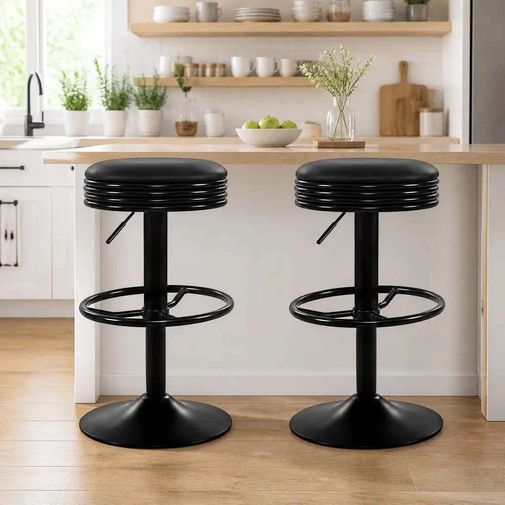 Bar Stools Swivel Gas Lift Chrome Base Black PU Leather Padded Seat 2 Piece