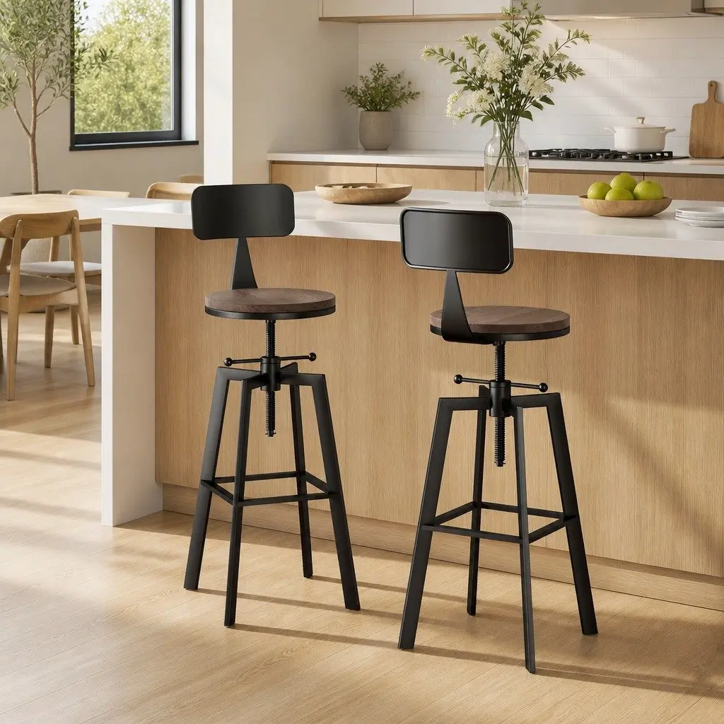 Adjustable Bar Stools with Black Metal and Wood Seats
