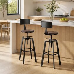 Adjustable Bar Stools with Black Metal and Wood Seats