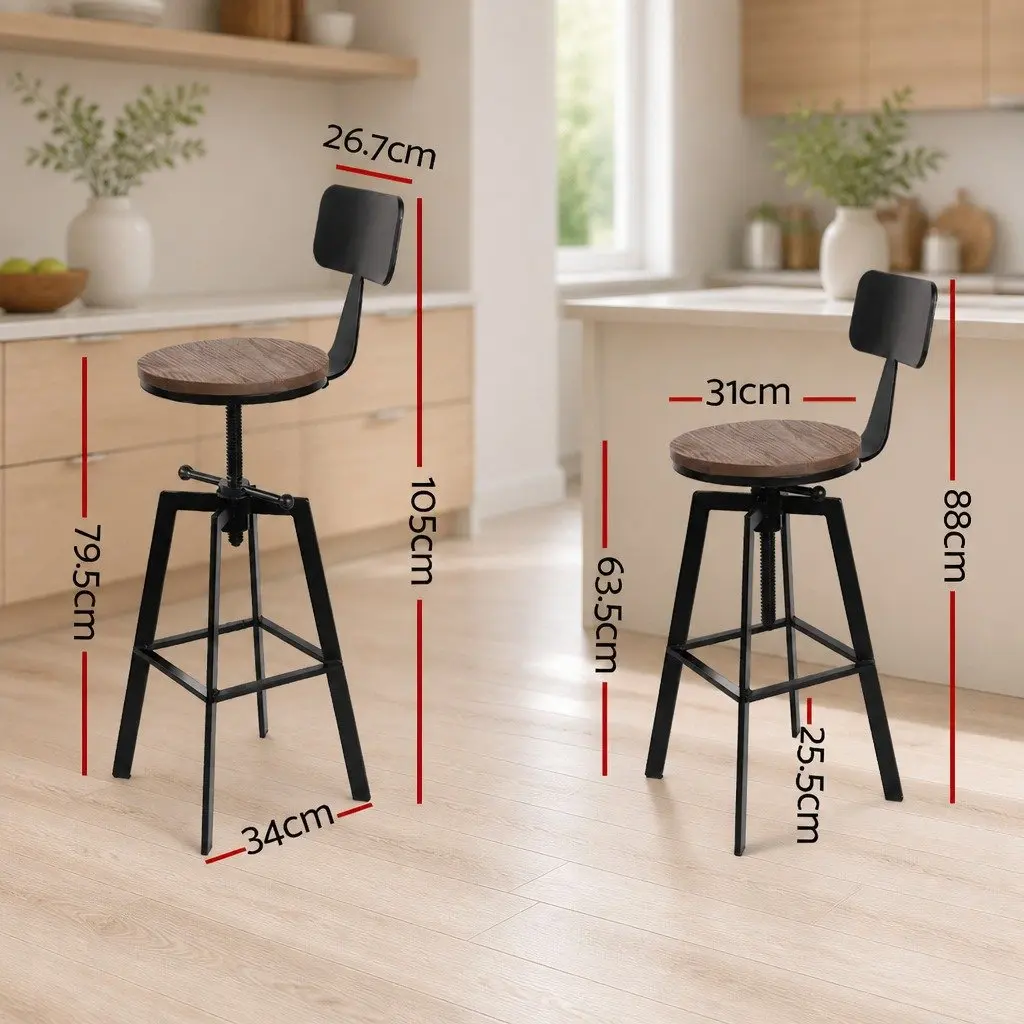 Adjustable Bar Stools with Black Metal and Wood Seats