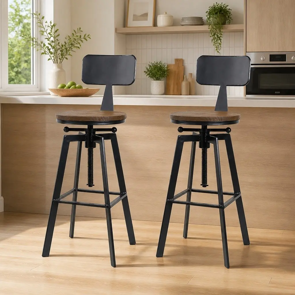 Adjustable Bar Stools with Black Metal and Wood Seats