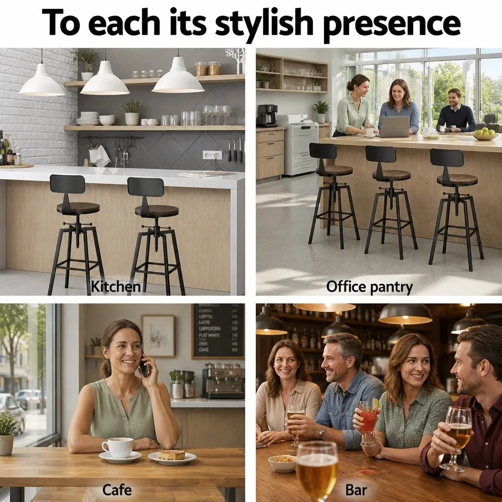 Adjustable Bar Stools with Black Metal and Wood Seats