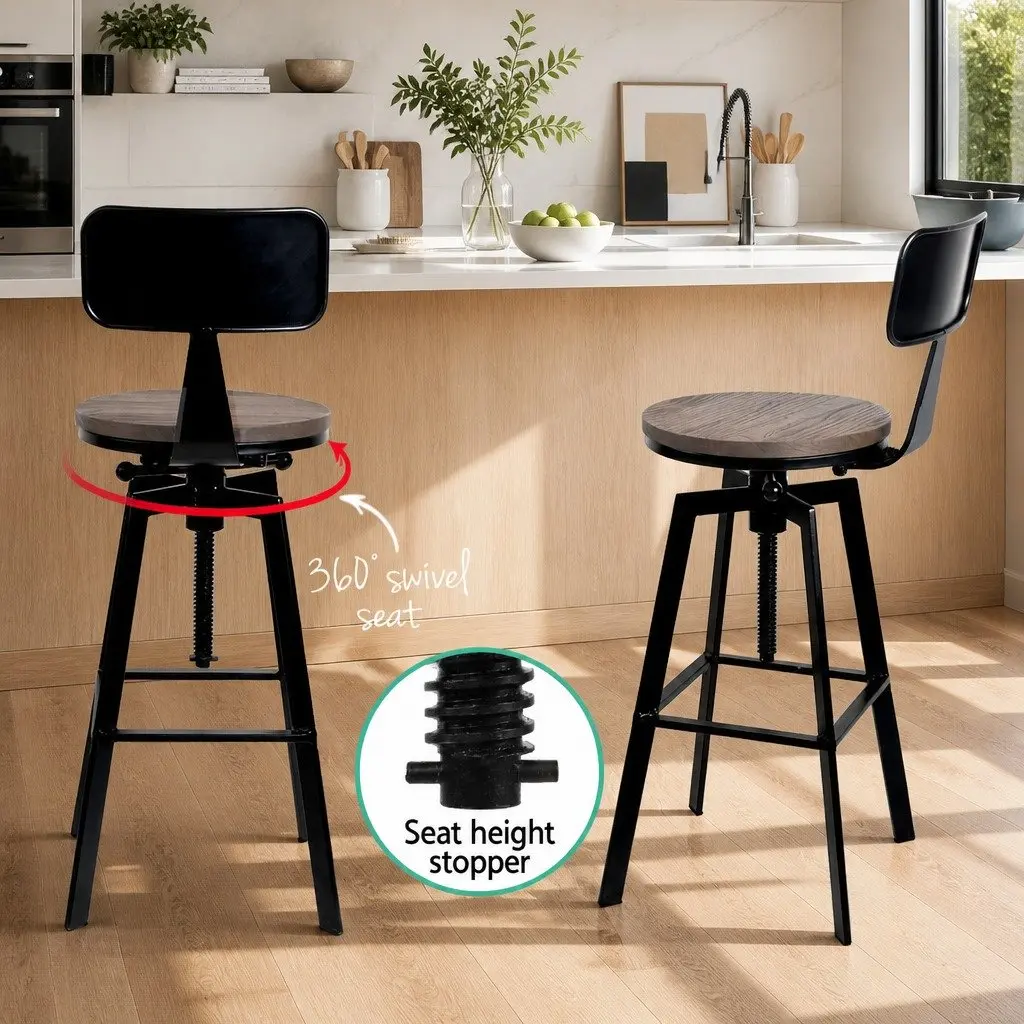 Adjustable Bar Stools with Black Metal and Wood Seats