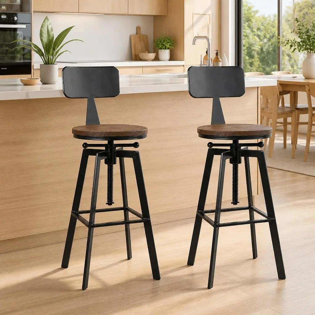 Adjustable Bar Stools with Black Metal and Wood Seats