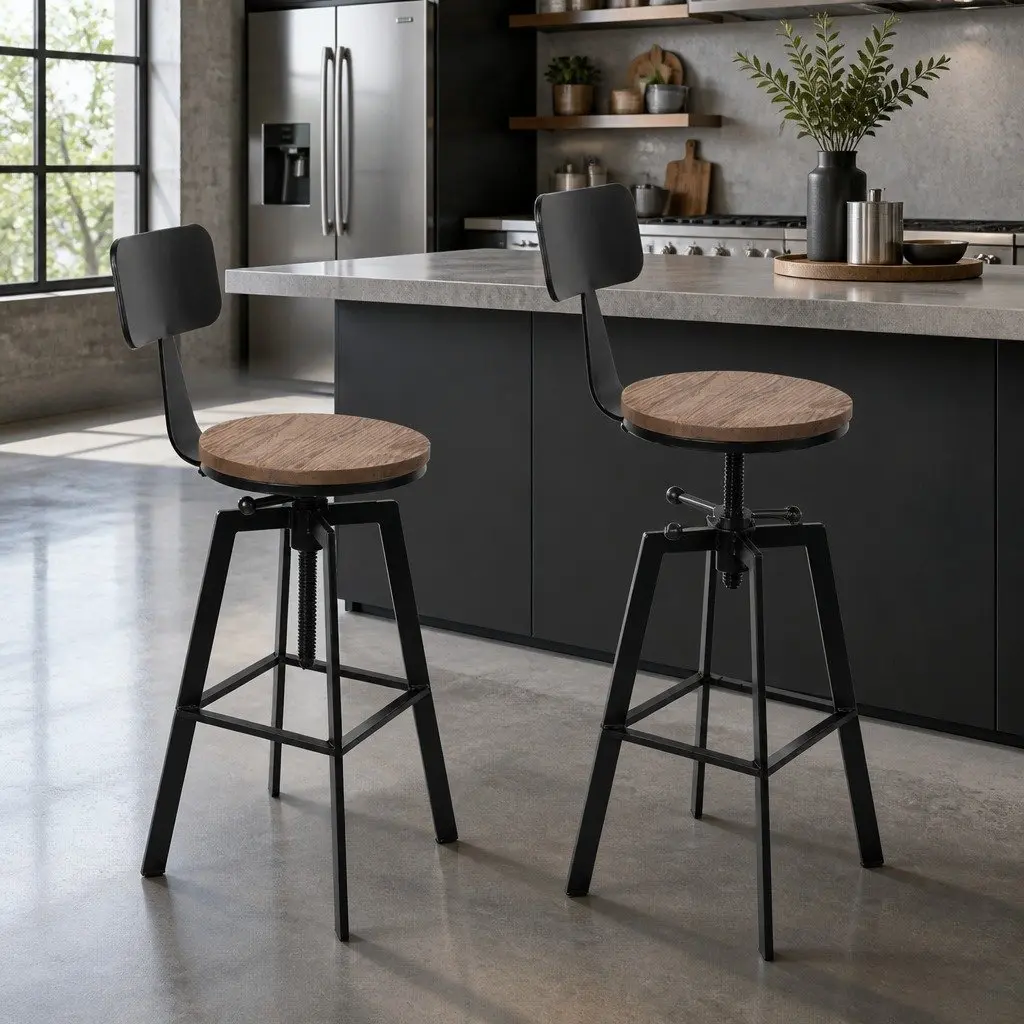 Set of 4 Adjustable Black Bar Stools with Backrest