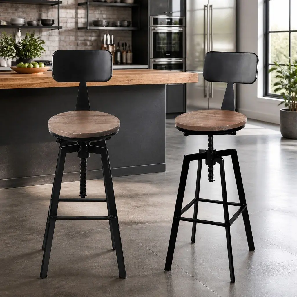 Set of 4 Adjustable Black Bar Stools with Backrest