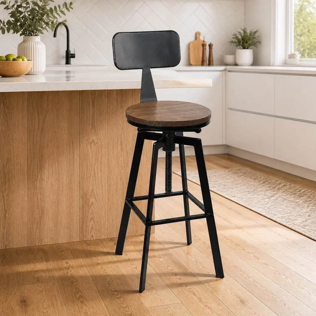 Adjustable Height Swivel Bar Stool Black Steel Frame Elm Wood Seat