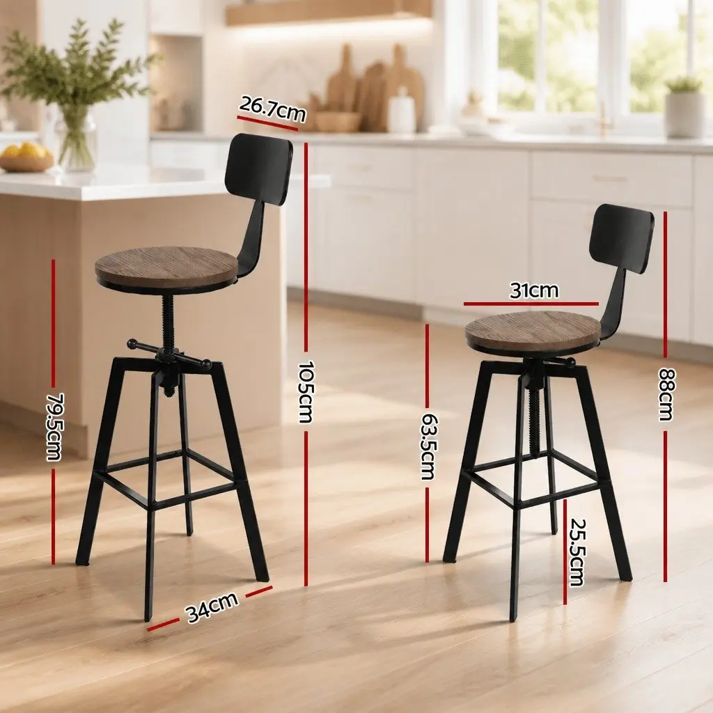 Adjustable Height Swivel Bar Stool Black Steel Frame Elm Wood Seat