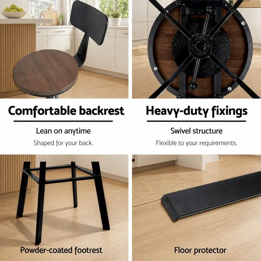 Adjustable Height Swivel Bar Stool Black Steel Frame Elm Wood Seat