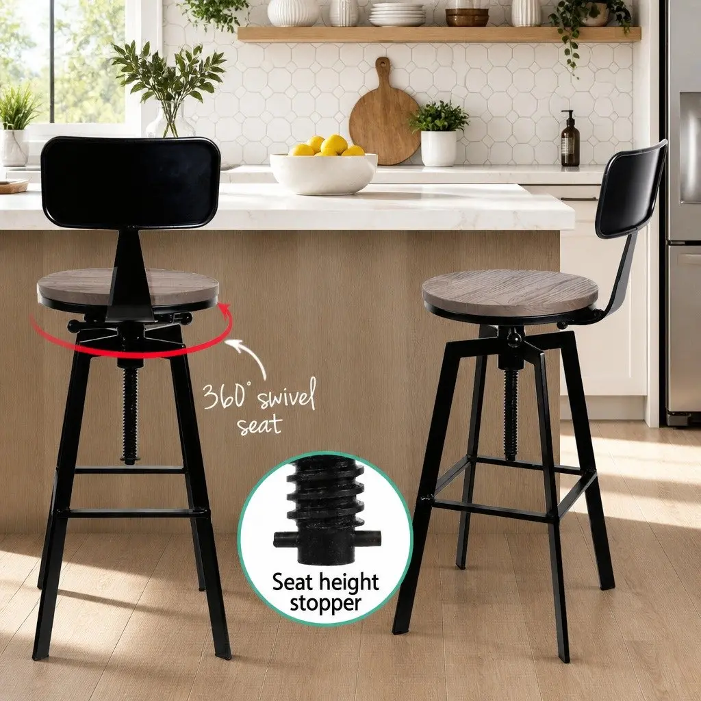 Adjustable Height Swivel Bar Stool Black Steel Frame Elm Wood Seat