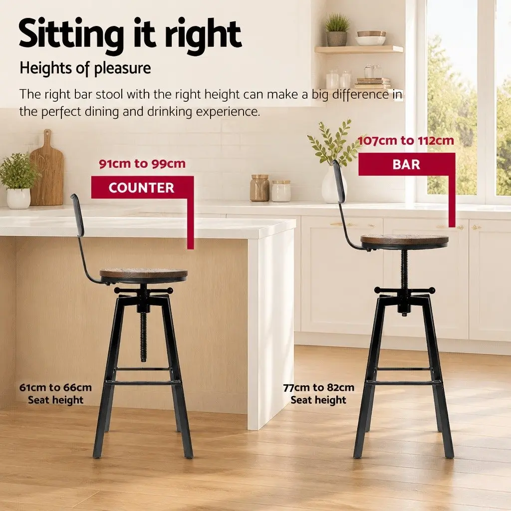 Adjustable Height Swivel Bar Stool Black Steel Frame Elm Wood Seat