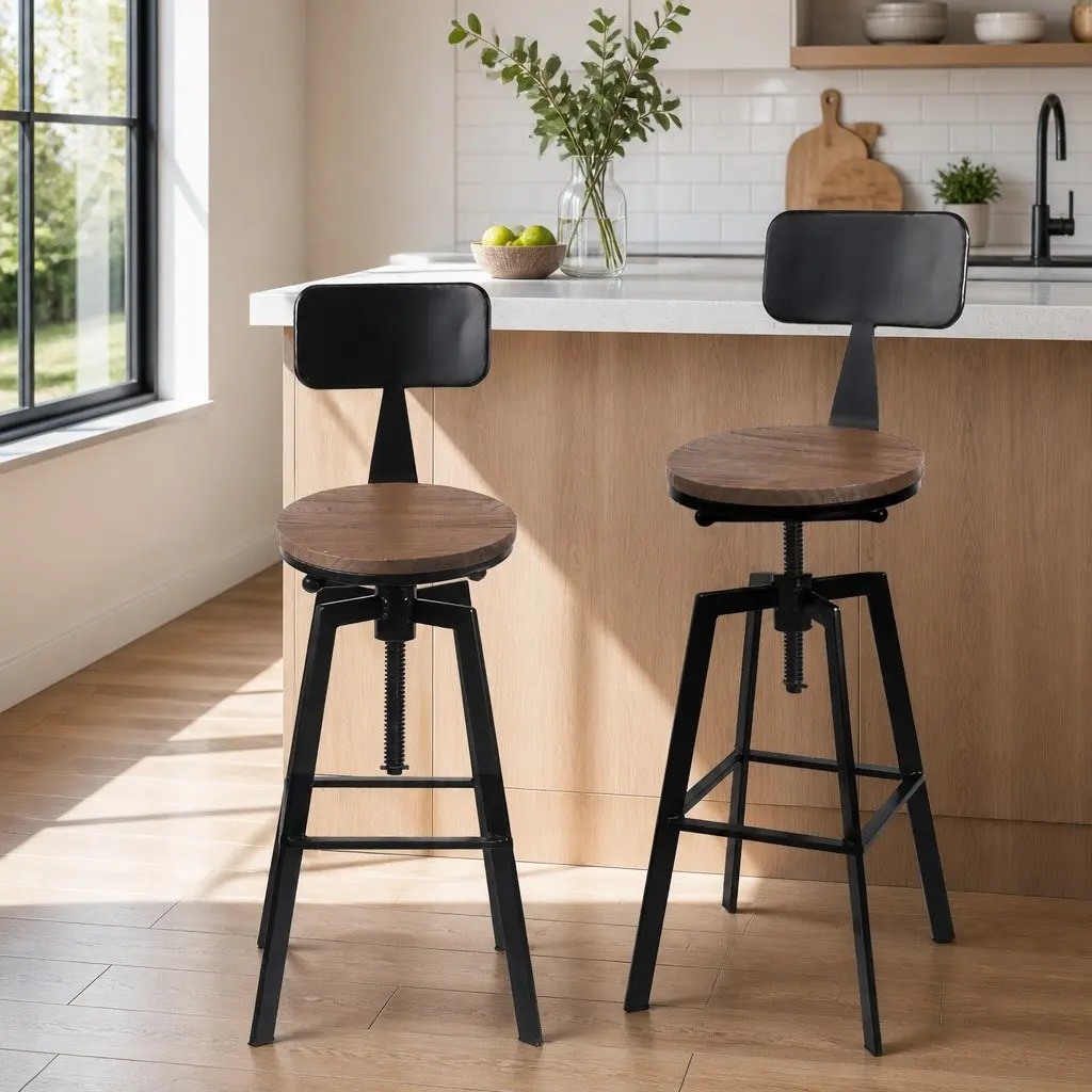 Adjustable Height Swivel Bar Stool Black Steel Frame Elm Wood Seat