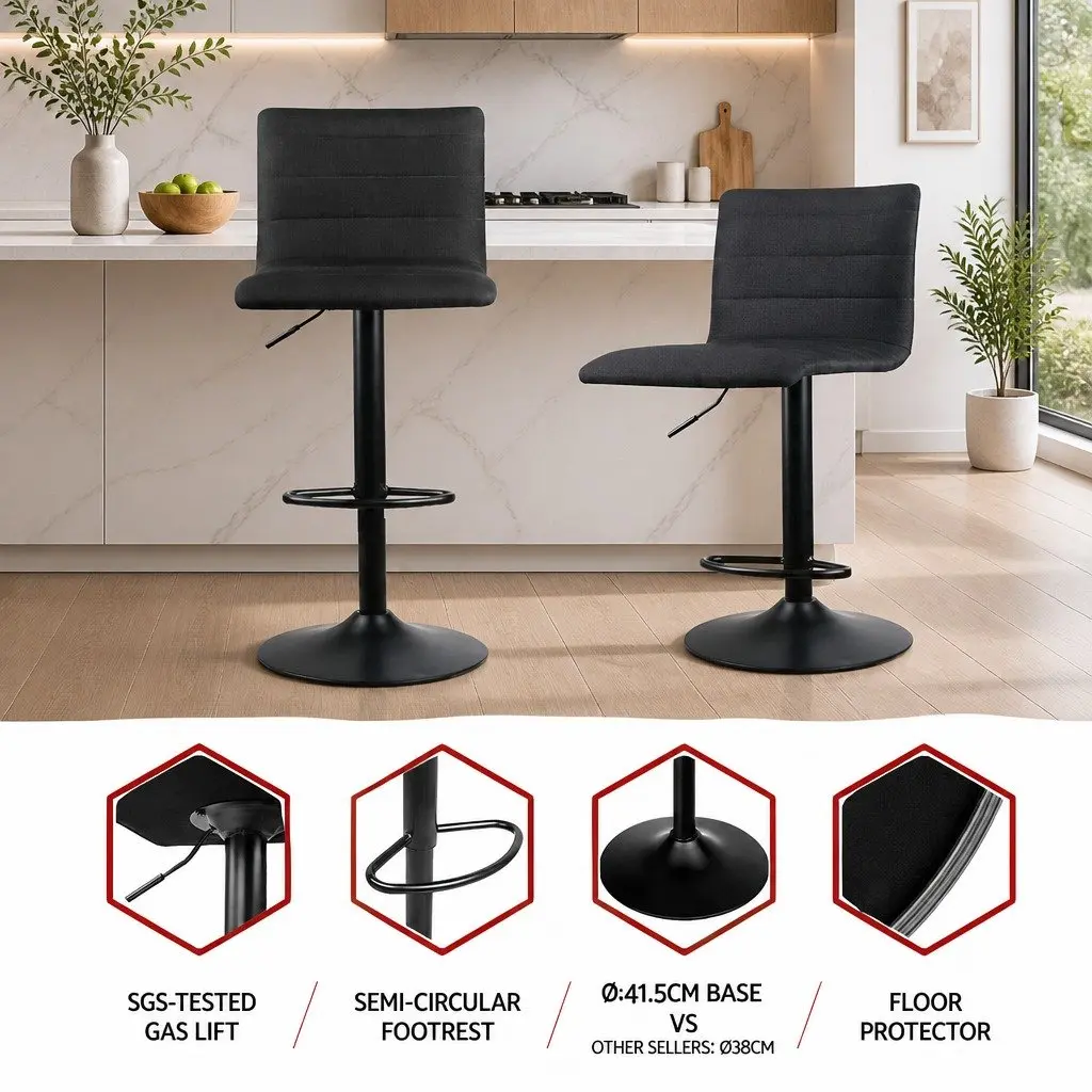 Set of 2 Adjustable Black Bar Stools with Gas Lift