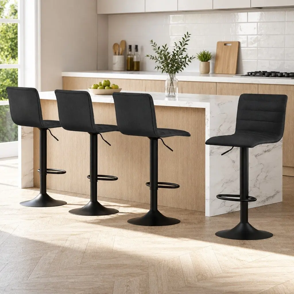 Bar Stools Set of 4 Black Faux-Linen Swivel Gas Lift Kitchen Dining Chairs
