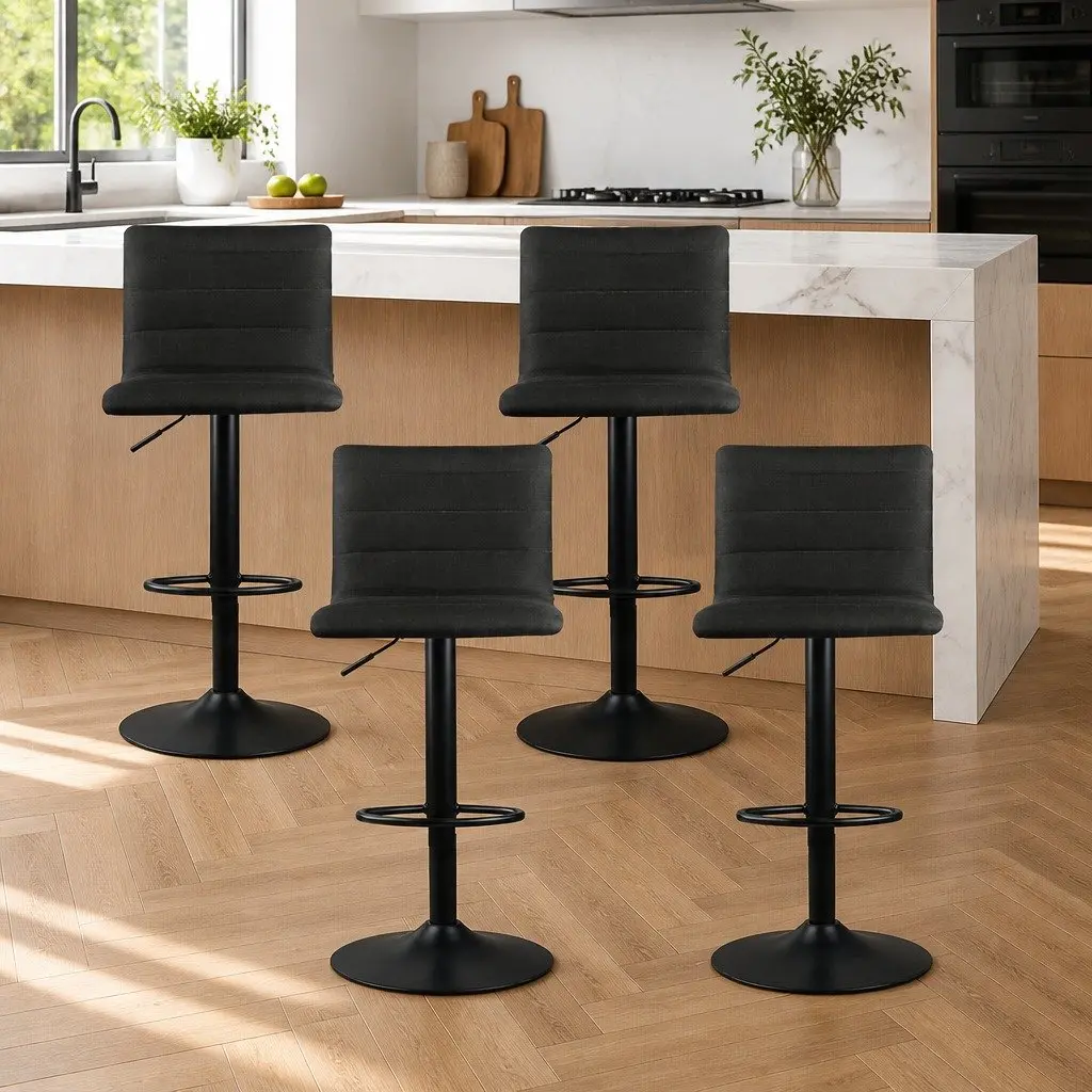 Bar Stools Set of 4 Black Faux-Linen Swivel Gas Lift Kitchen Dining Chairs