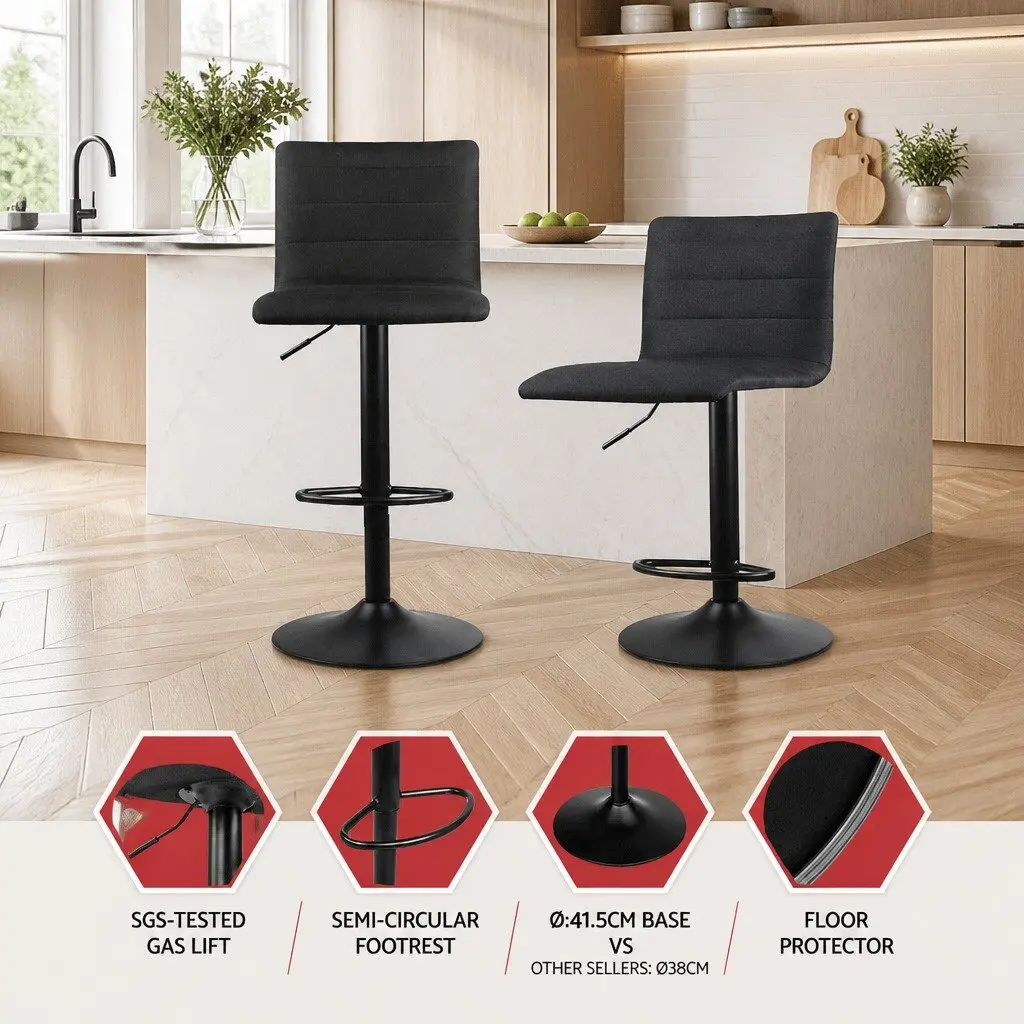 Bar Stools Set of 4 Black Faux-Linen Swivel Gas Lift Kitchen Dining Chairs