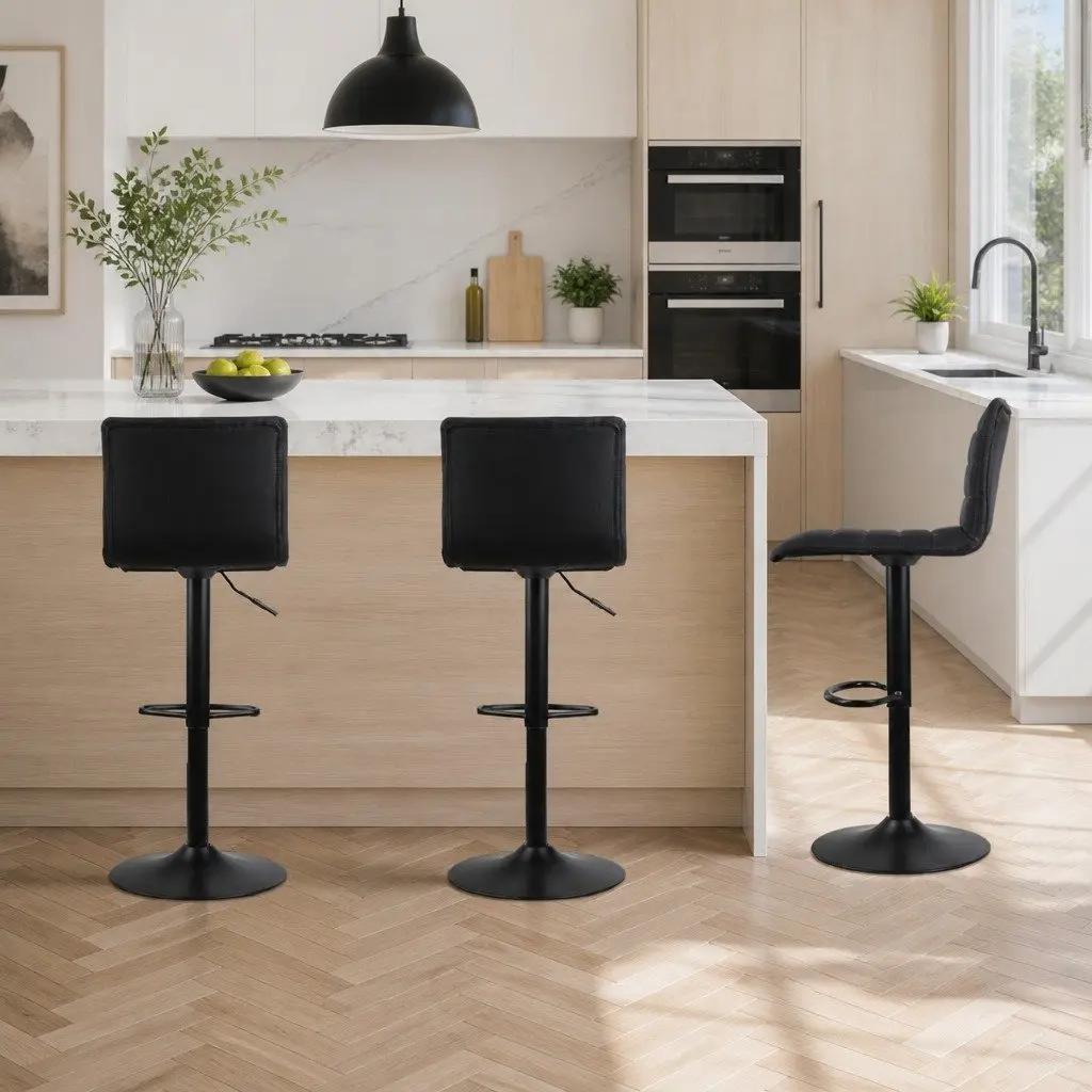 Bar Stools Set of 4 Black Faux-Linen Swivel Gas Lift Kitchen Dining Chairs