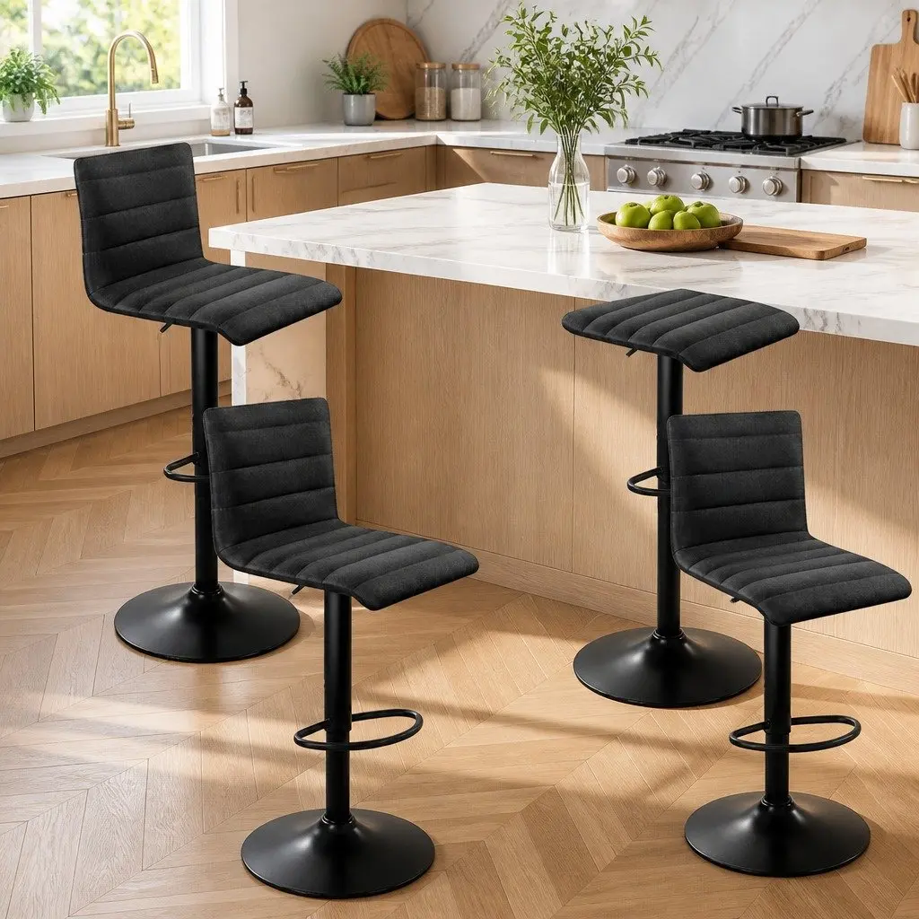 Bar Stools Set of 4 Black Faux-Linen Swivel Gas Lift Kitchen Dining Chairs