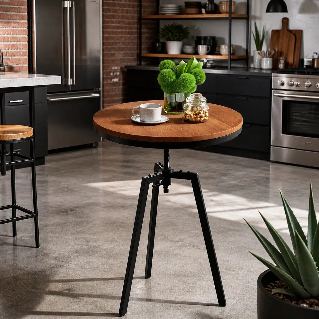Round Adjustable Height Dining Table with Steel Frame
