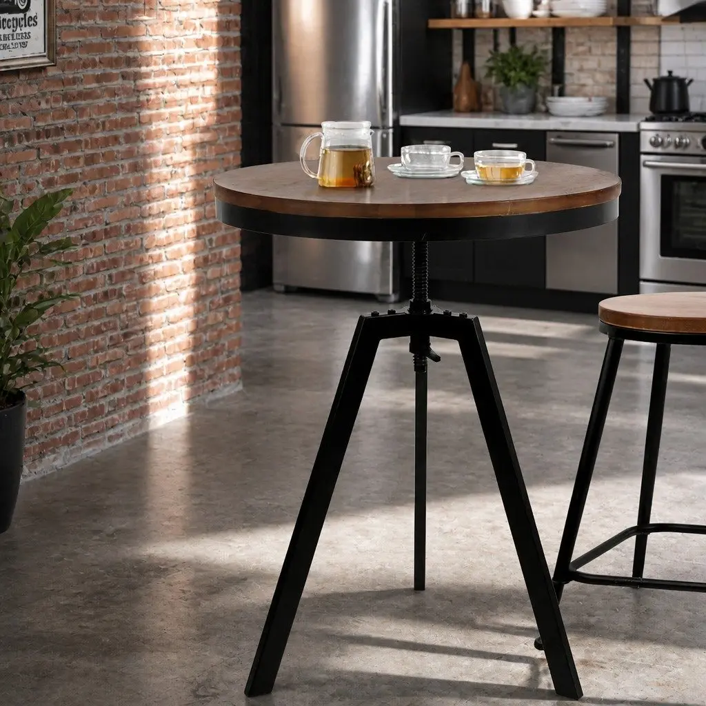 Round Adjustable Height Dining Table with Steel Frame