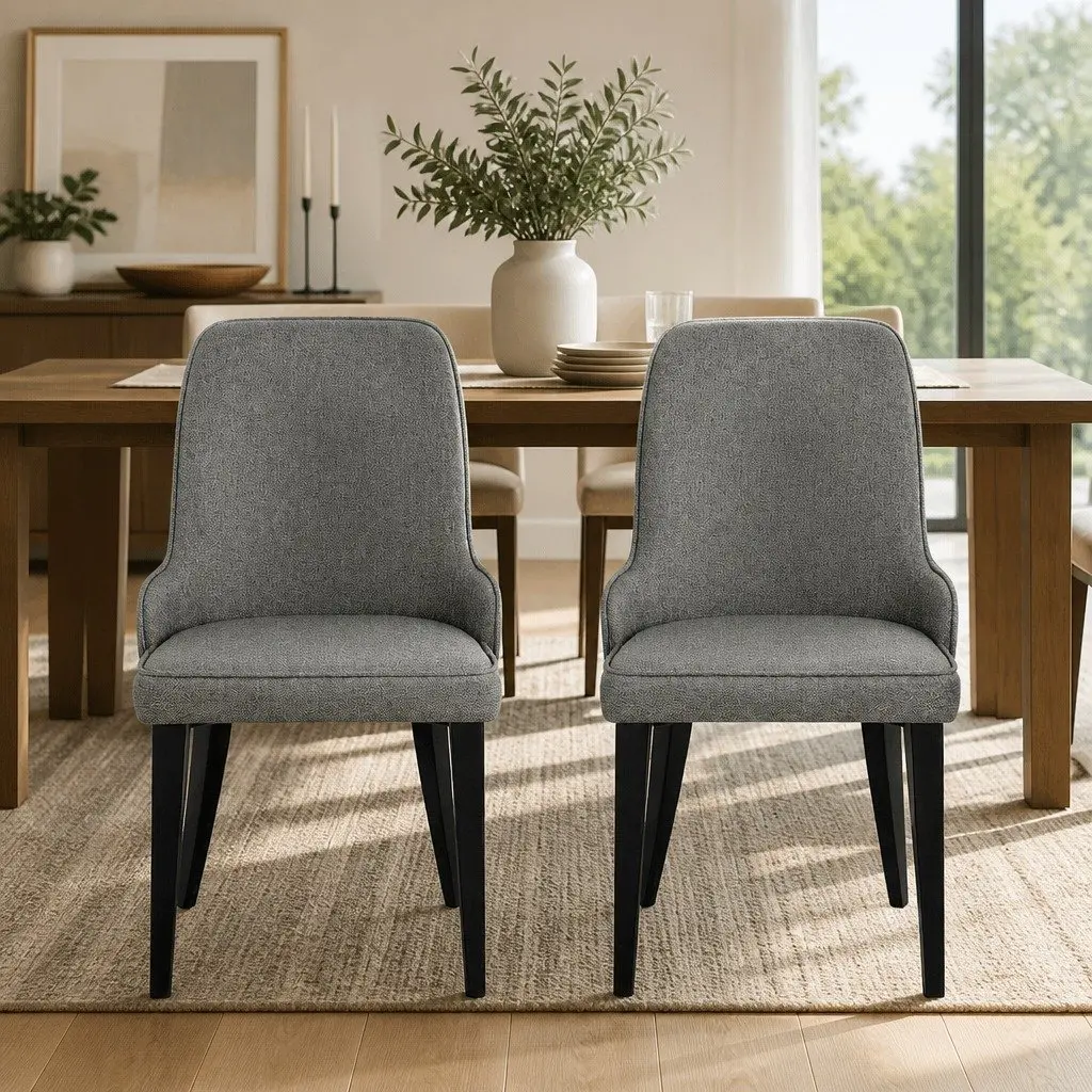 Set of 2 High Back Grey Fabric Dining Chairs