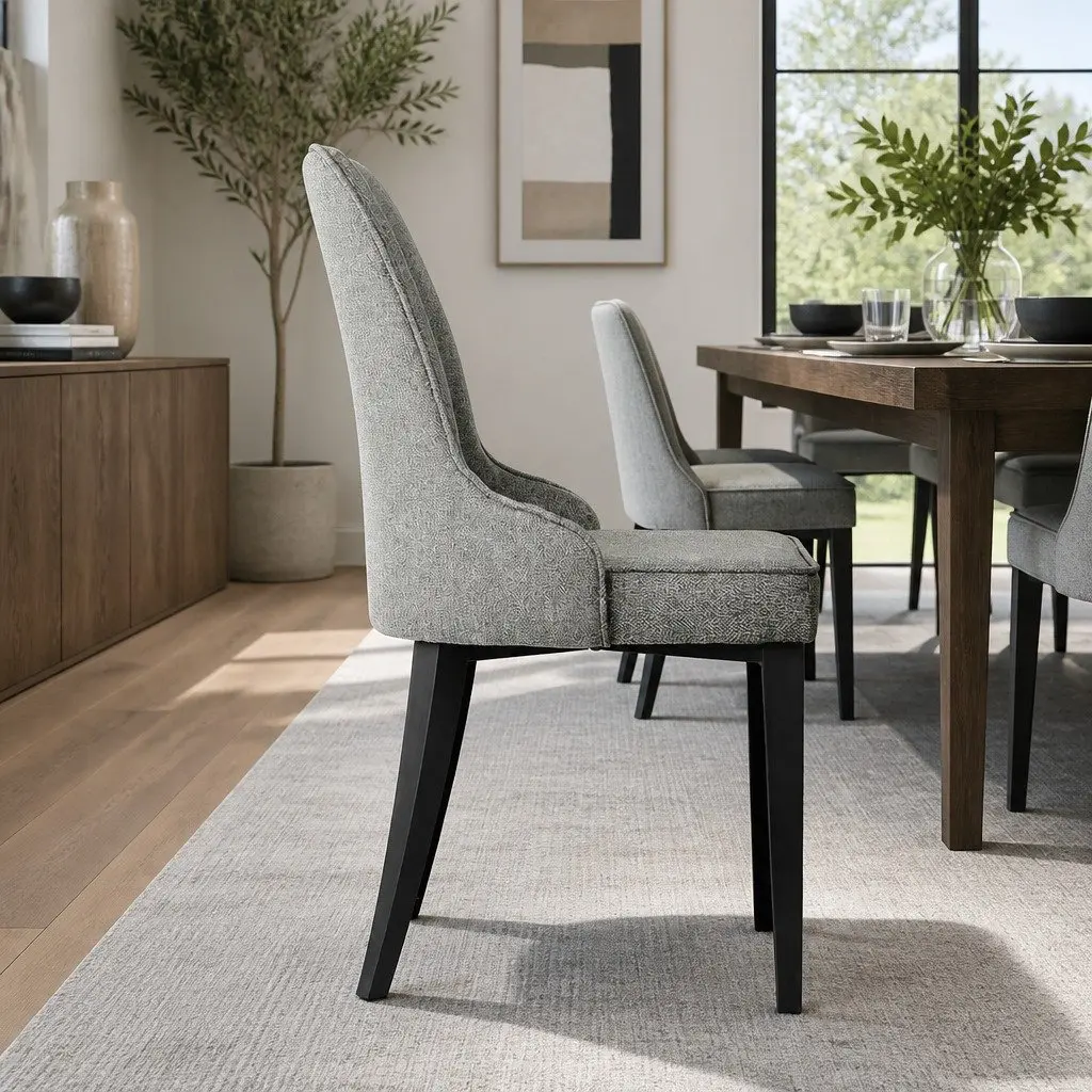 Set of 2 High Back Grey Fabric Dining Chairs