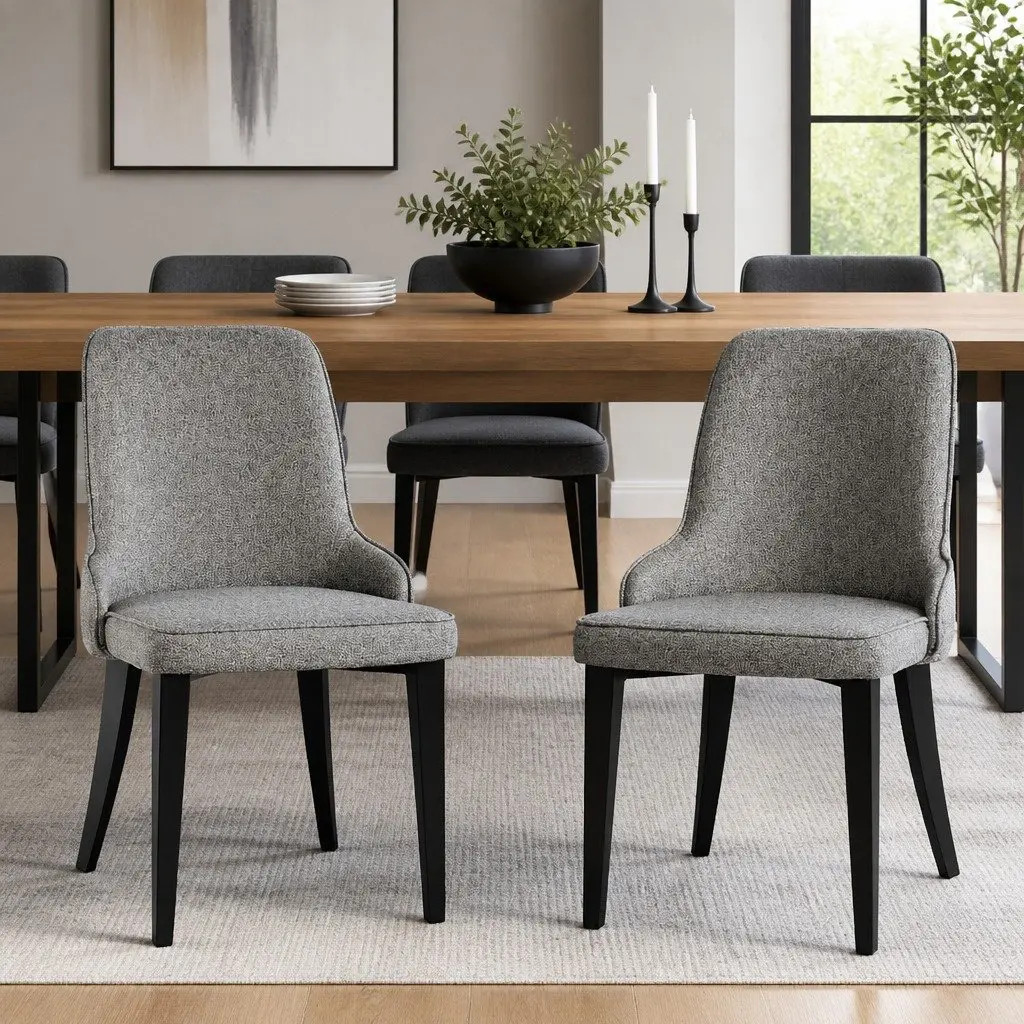 Set of 2 High Back Grey Fabric Dining Chairs