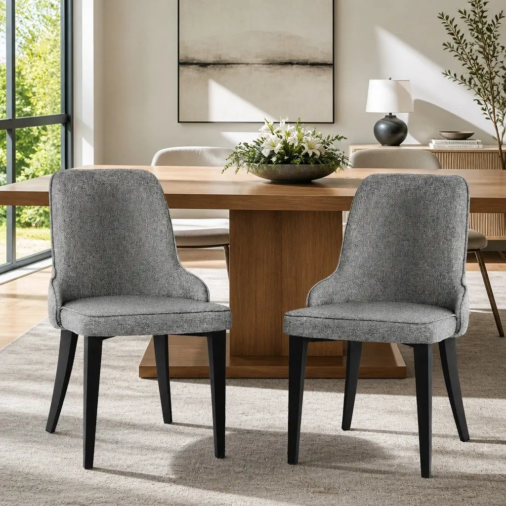 Set of 2 High Back Grey Fabric Dining Chairs