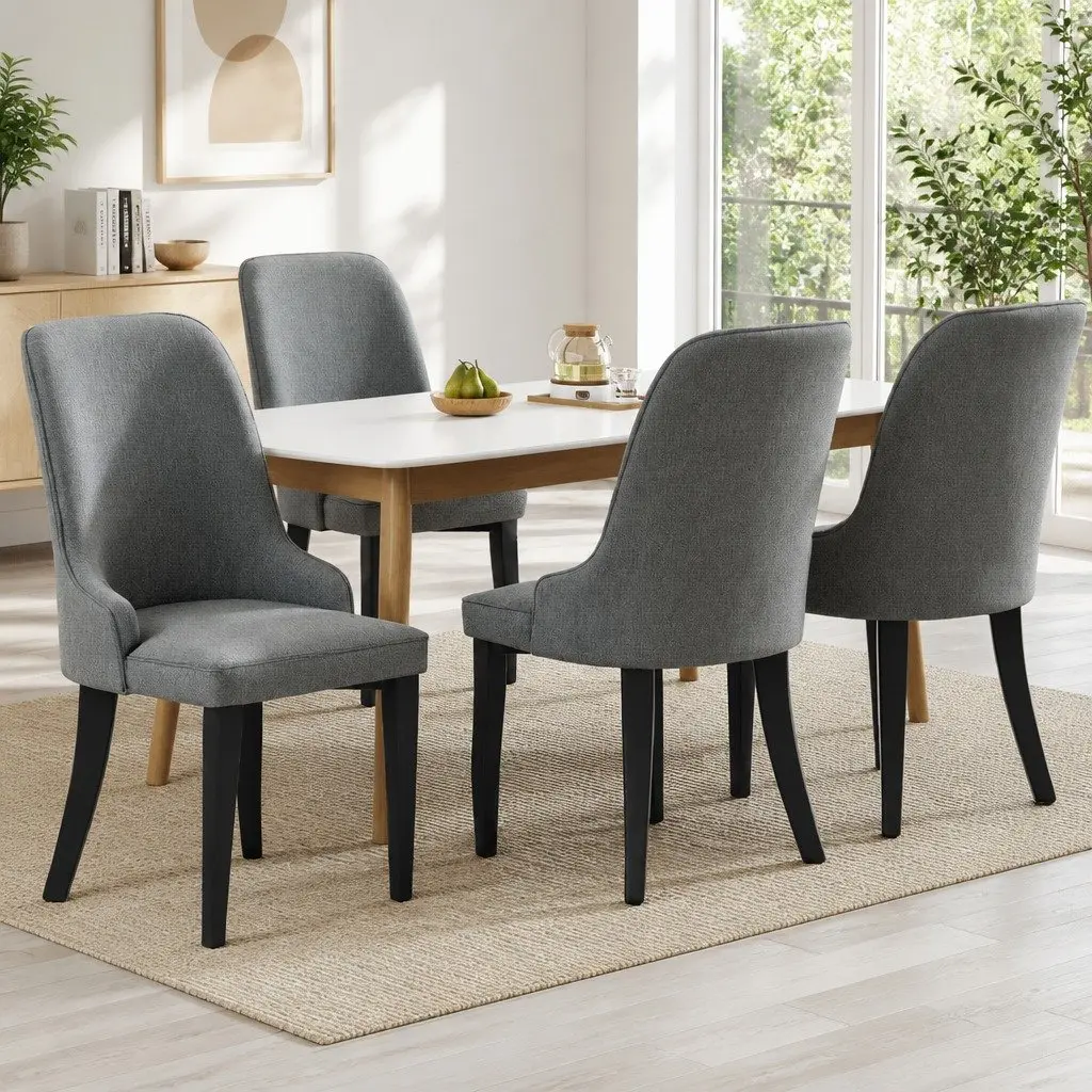 Dining Chairs Grey Linen Fabric High Back Cushioned Set of 4