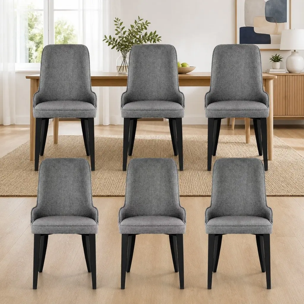 Dining Chairs Grey Linen Fabric High Back Set of 6 Steel Legs