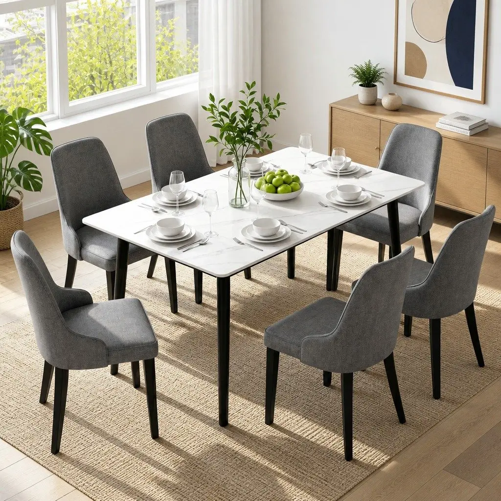 Dining Chairs Grey Linen Fabric High Back Set of 6 Steel Legs