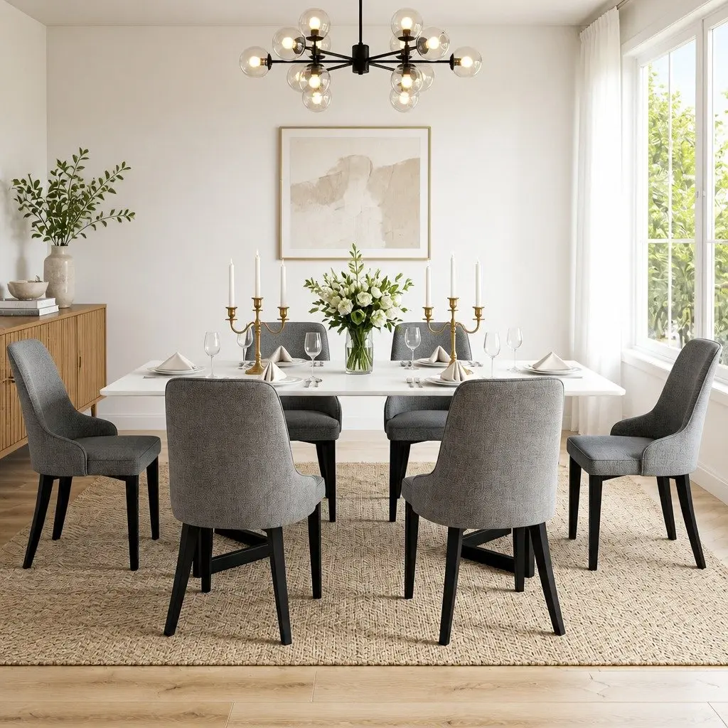 Dining Chairs Grey Linen Fabric High Back Set of 6 Steel Legs