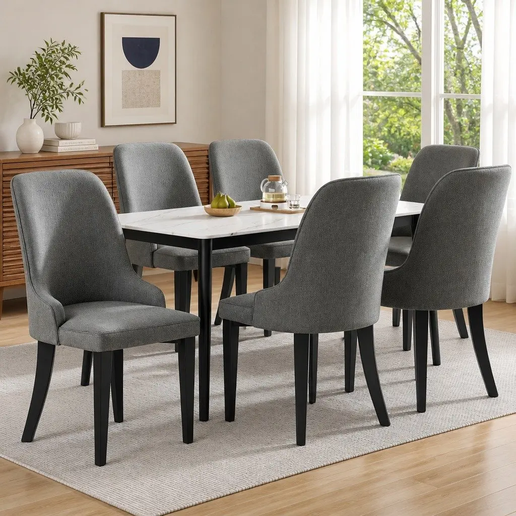 Dining Chairs Grey Linen Fabric High Back Set of 6 Steel Legs