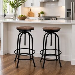 Warm Adjustable Height Wooden Seat Bar Stools Set of 2