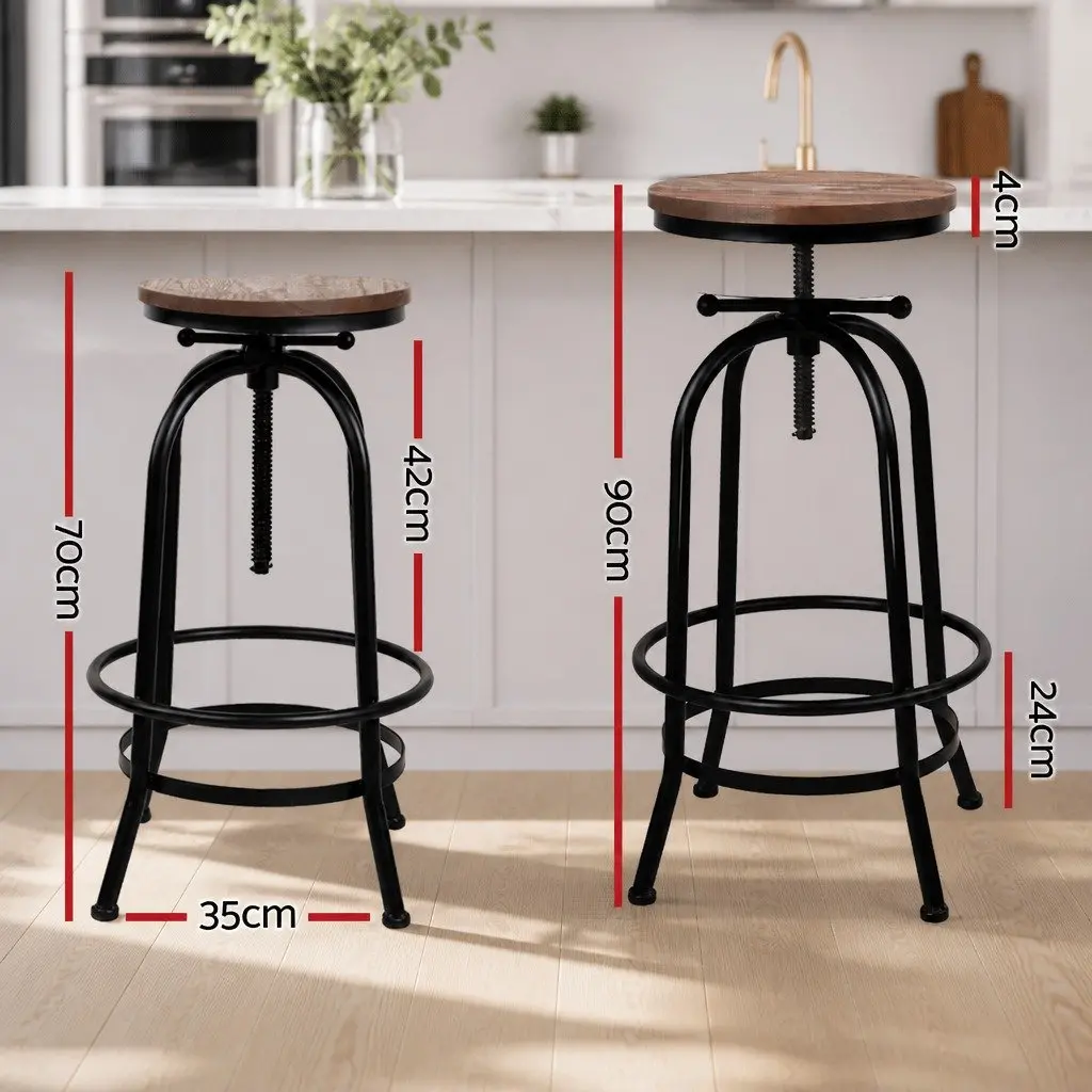 Bar Stools Adjustable Height Swivel Wooden Seat Black Frame