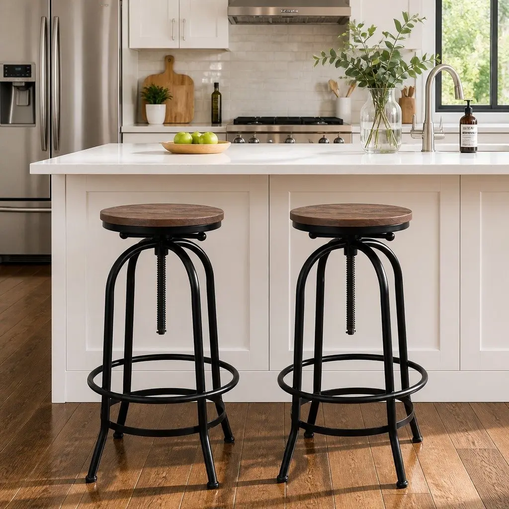 Bar Stools Adjustable Height Swivel Wooden Seat Black Frame