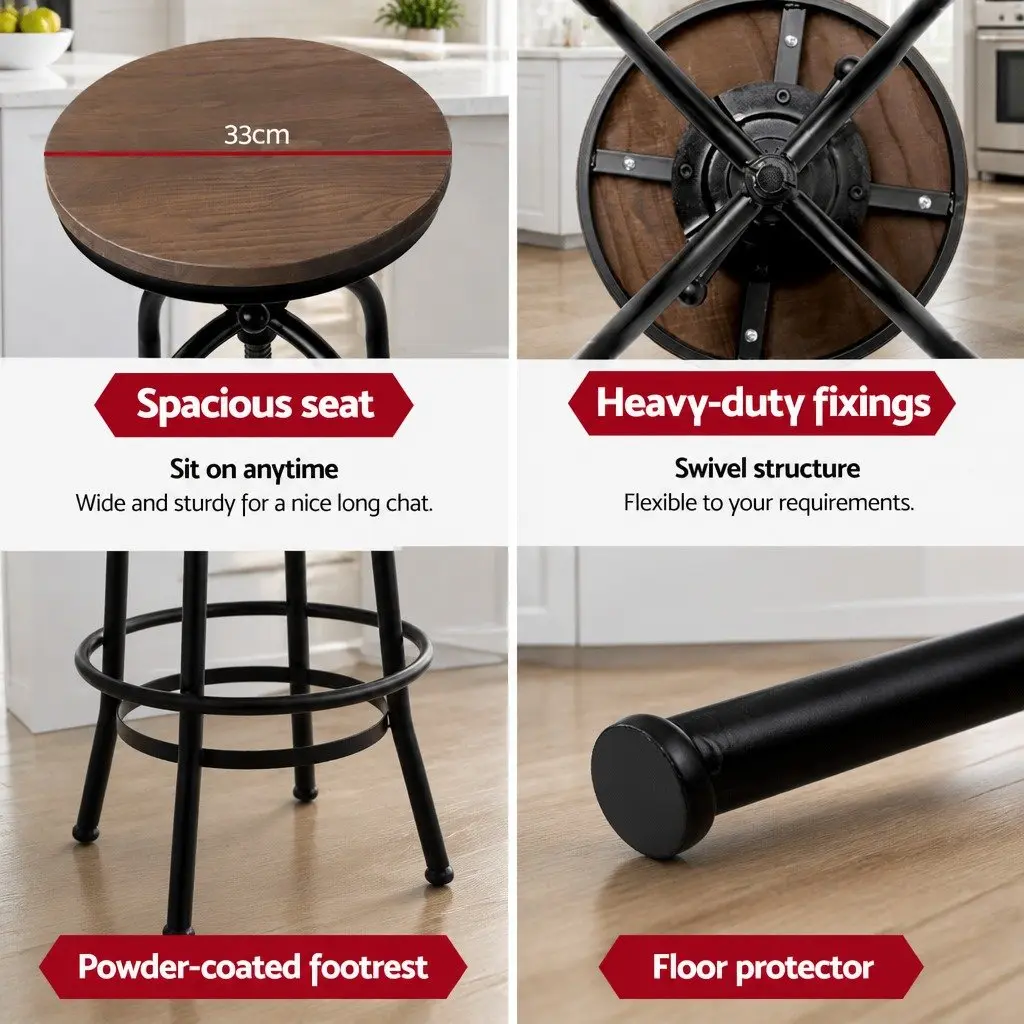 Bar Stools Adjustable Height Swivel Wooden Seat Black Frame