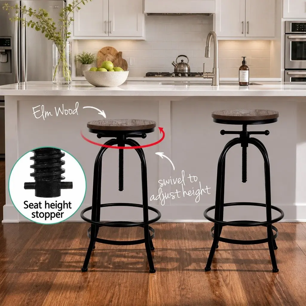 Bar Stools Adjustable Height Swivel Wooden Seat Black Frame