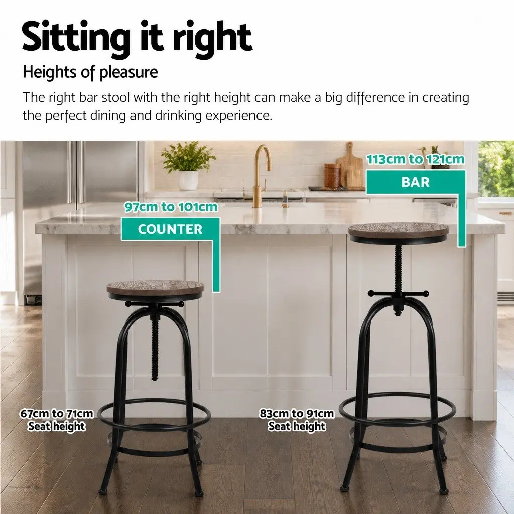 Bar Stools Adjustable Height Swivel Wooden Seat Black Frame