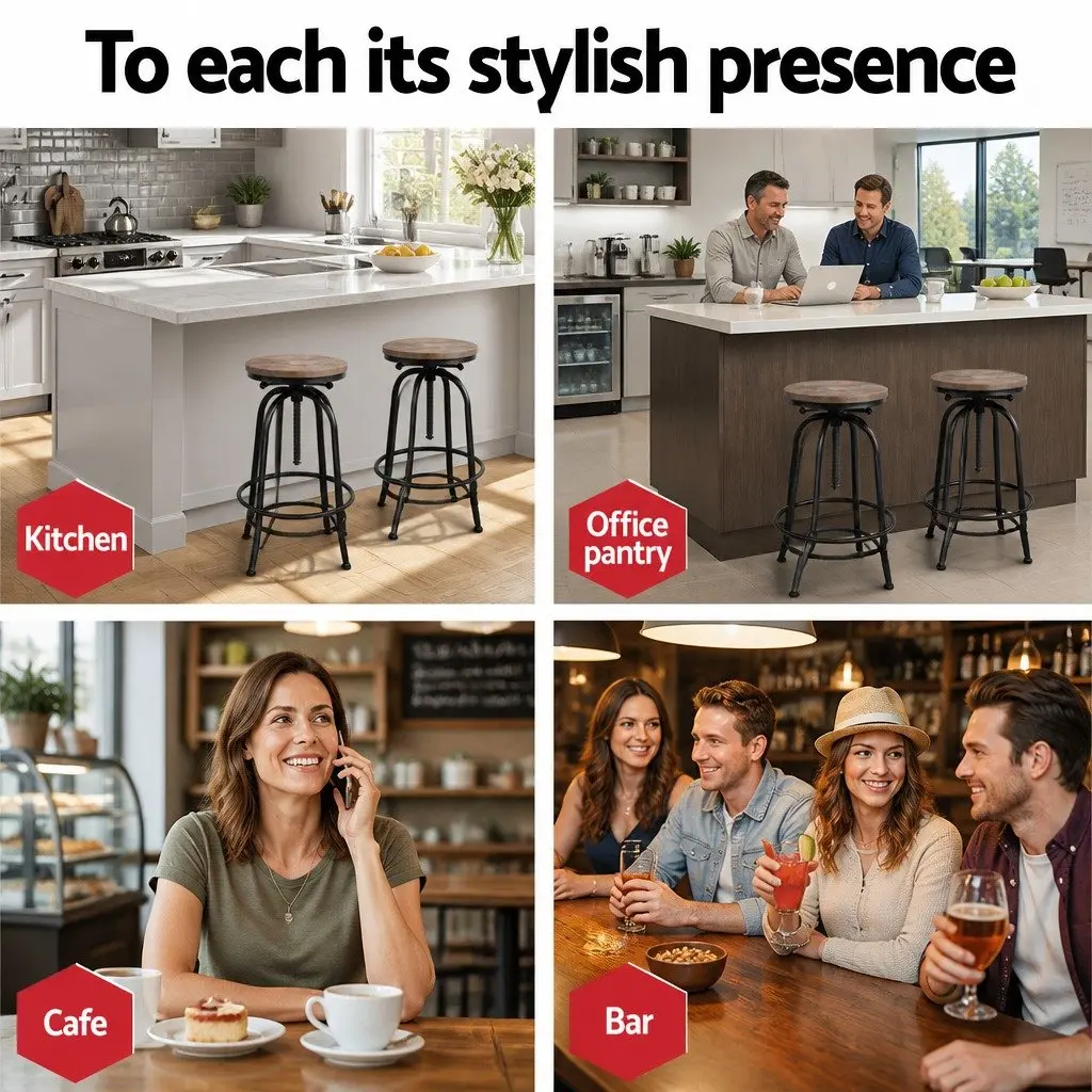 Bar Stools Adjustable Height Swivel Wooden Seat Black Frame