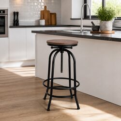 Adjustable Black Bar Stool with Wooden Seat