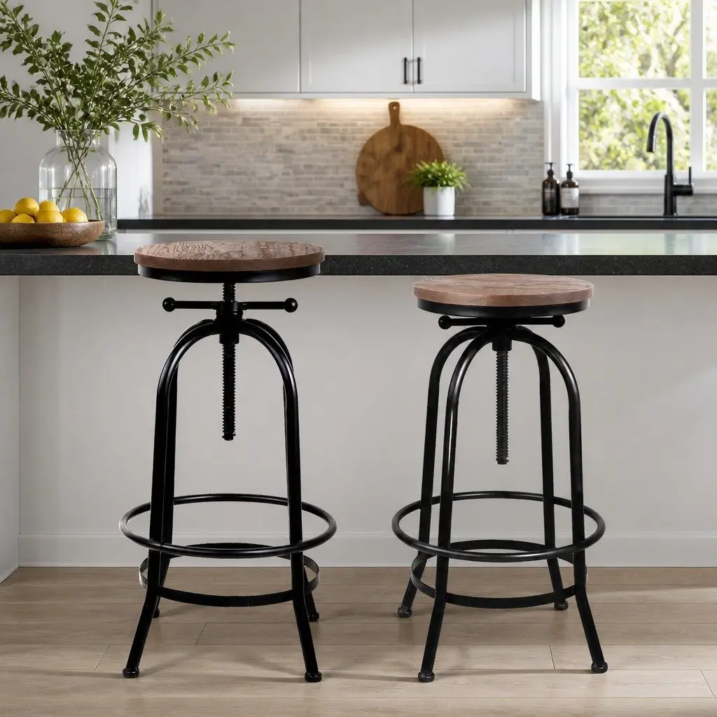 Bar Stool Adjustable Swivel Wooden Seat Kitchen Counter Height Black